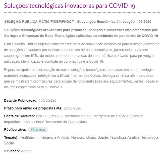 Incentivo – Soluções tecnológicas inovadoras para COVID-19