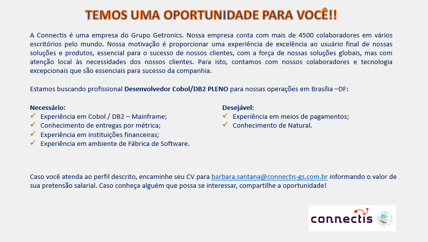 Oportunidade Connectis Brasil – Desenvolvedor Cobol Pleno