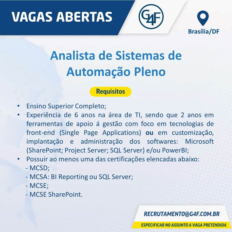 Analista de Sistemas de Automação Pleno – Brasília/DF