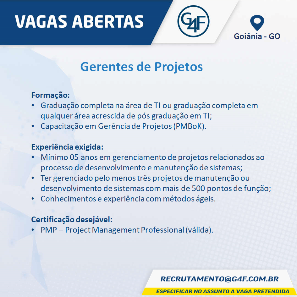 [leonardoti] Vaga: Gerente de Projetos Sênior – Goiânia/GO.